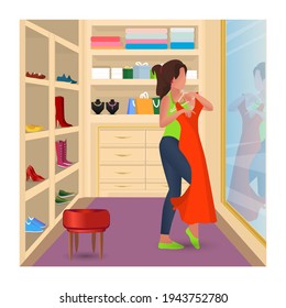 The girl tries on a dress by the mirror in the dressing room. The concept of recreation and entertainment while shopping. Vector drawing. Cartoon style.