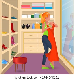 The girl tries on a dress near the mirror. Wardrobe. The concept of buying and trying on clothes, accessories in an online store. Home delivery. Discount, coupon, sale. Vector. Cartoon style.
