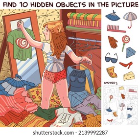 Girl tries on her wardrobe. Find 10 hidden objects in the picture. Puzzle Hidden Items. Funny cartoon character. Vector illustration. Set