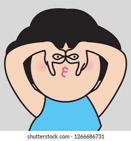 Girl Tries To Show Superheroine Or Pilot. Childish Emotive Mature Asian Woman Making Goggles Or Glasses With Hands, Looking Through Fingers As She Is Bat Concept Card Character illustration