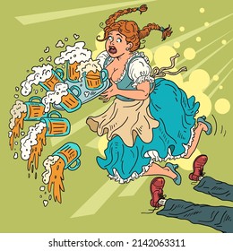 The girl tripped over a drunk customer, drops the beer. a waitress with a beer, in national clothes. Oktoberfest festival, restaurant pub tavern