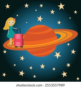 Menina com um saco de trole no planeta anel de Saturno