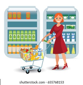 girl with a trolley of products in the supermarket,vector