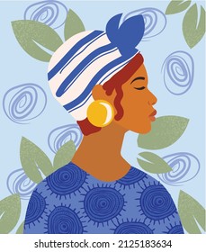 Girl in tropic. African fashion and style, tradition and religion, model for fashion and style magazines. Young girl stands in profile, tropical and exotic card. Cartoon flat vector illustration