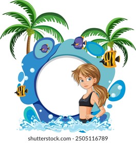 Girl with tropical fish and palm trees
