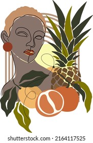 Girl with tropical fruits. Fruit poster. Lemon, orange, pineapple. Flat illustration.