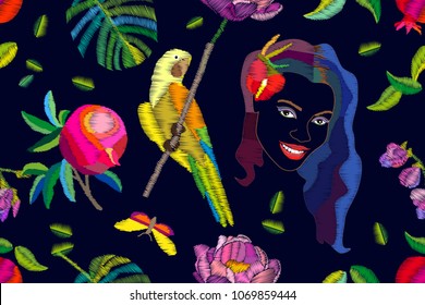 Girl in the tropical garden. Seamless vector pattern with parrot, flowers and palm leaves on black background. Stylized embroidered texture. Vintage motifs.
