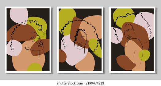 A girl in the tropics. A set of three paintings. Abstract portrait of a young woman in a minimalist style. Drawing lines. Beautiful African woman. Wall Art In The Style Of Pop Art.