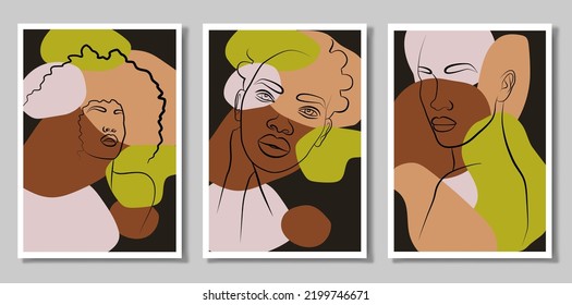 A girl in the tropics. A set of three paintings. Abstract portrait of a young woman in a minimalist style. Drawing lines. Beautiful African woman. Wall Art In The Style Of Pop Art.