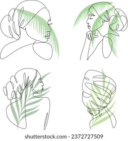 Girl in the tropics. Set of three paintings. Abstract portrait of a young woman in a minimalist style. Drawing lines. Beautiful African woman. Wall art.