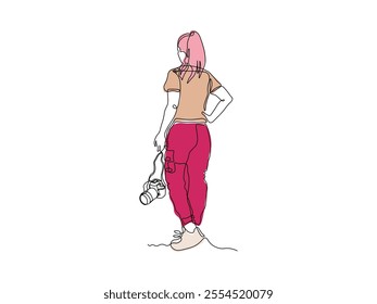 girl in trousers is standing with her back with a SLR camera in her hand, photographer, continuous single line art drawing sketch, logo