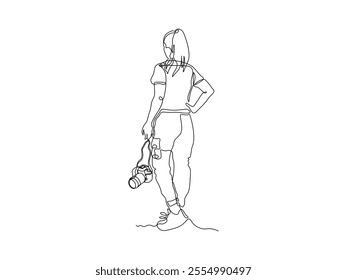 girl in trousers is standing with her back with a SLR camera in her hand, photographer, continuous single line art drawing sketch, logo