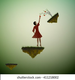 girl try to get apple tree growing on the flying rock, dreamland fruits, vector