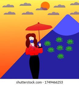 una chica tratando de evitar el coronavirus mientras camina por la tarde y sale por la montaña