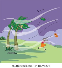 Girl trying to catch her umbrella on a windy day