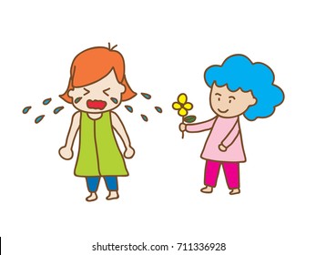 A girl is trying to console a crying friend with a beautiful flower