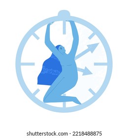 Girl trying to escape from the huge clock or alarm. The metaphor of hurrying for a deadline, working on many tasks, panic attacks or anxiety, and stress concept. Flat vector isolated illustration.