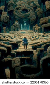 a girl trying to find her way in a maze, maze in the garden, special illustration art design