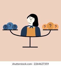 The girl is trying to make a balanced decision. Concept of choice. Vector illustration in flat style