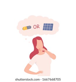 Niña que trata de tomar decisiones, energía renovable, mujer que piensa en la protección del medio ambiente Ilustración de vectores planos