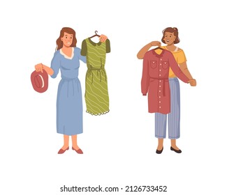 Girl trying on dress and hat accessories. Vector woman shopping choosing clothes, lady deciding what to wear. Buying apparel in store or shop, boutiques. Isolated female with apparel, flat cartoon