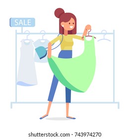 The girl is trying on a new dress in the store. Good shopping. Big Sale. Cartoon style, flat vector illustration.