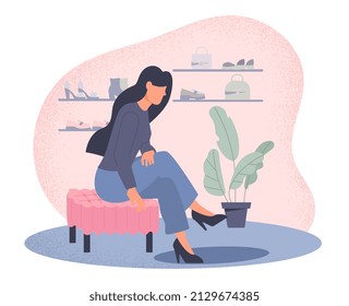 Girl trying on shoes concept. Young woman sitting on soft pouf in shoe store and puts new beautiful heels on her foot. Buying clothes or shopping. Cartoon contemporary flat vector illustration