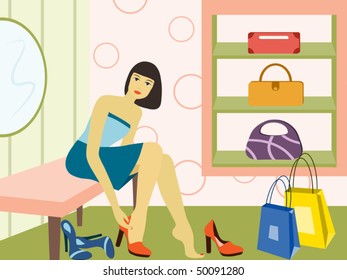 Girl trying on shoes in shop. Vector illustration.