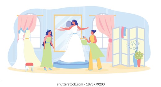 Girl Trying on Wedding Dress in Salon. Bride and Friend in Sewing Workshop. Happy Marriage Preparation. Bridesmaid Help in Fashion Gown Selection. Tailoring Shop, Atelier Interior. Vector Illustration