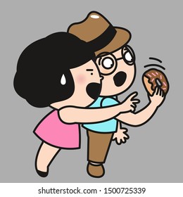 Girl Trying To Steal Donuts From Boy. Couple In Quarrel Series Concept Card Character illustration