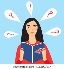 Girl trying to study English language. Educational illustration for your design.