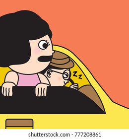 Girl Trying To Wake Up Sleepy Driver In Car Concept Card Character illustration