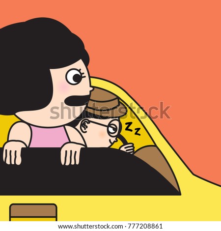 Girl Trying To Wake Up Sleepy Driver In Car Concept Card Character illustration