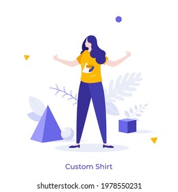 Girl in t-shirt with print demonstrating thumbs up. Concept of custom shirt, customizable clothing or apparel, making of promotional merchandise. Modern flat colorful vector illustration for banner.