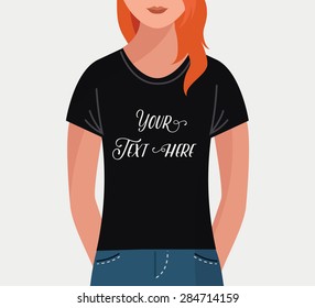 Girl with t-shirt, vector flat mock up, template