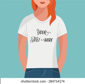 Girl with t-shirt, vector flat mock up, template