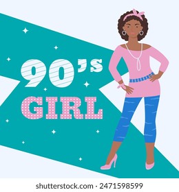 A girl in a tunic and leggings in a retro style. 90 characters. y2k characters. Fashion of the 90s. Vector illustration. 