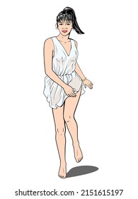 Girl in Tunic Running. Pin Up, Pop Art style. Vector drawing.