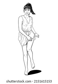 Girl in Tunic Running. Vector Ink Style Outline Drawing. Coloring Page.