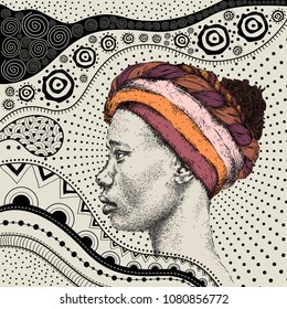 Girl in turban with African hand draw ethno pattern, tribal background. Beautiful black woman. Profile view. Vector illustration