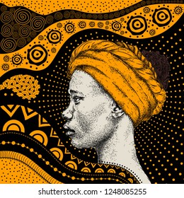 Girl in turban with African hand draw ethno pattern, tribal background. Beautiful black woman. Profile view. Vector illustration