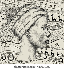 Girl in turban with African hand draw ethno pattern, tribal background. Beautiful black woman. Profile view. Vector illustration