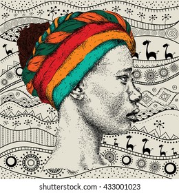 Girl in turban with African hand draw ethno pattern, tribal background. Beautiful black woman. Profile view. Vector illustration