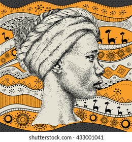 Girl in turban with African hand draw ethno pattern, tribal background. Beautiful black woman. Profile view. Vector illustration