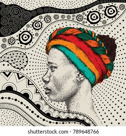Girl in turban with African hand draw ethno pattern, tribal background. Beautiful black woman. Profile view. Vector illustration
