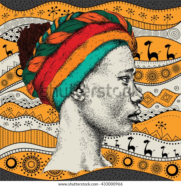 部族の背景にアフリカの手描きのターバンの女の子 美しい黒人女性 縦断ビュー ベクターイラスト のベクター画像素材 ロイヤリティフリー