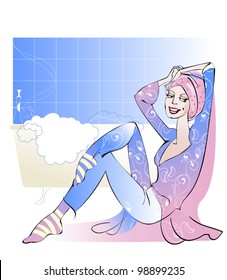  A girl in a turban of the towel sitting on the background of the  bathroom