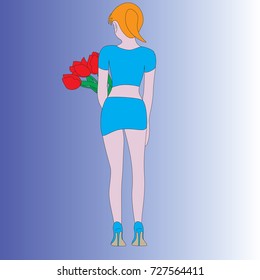 The girl is turned with her back in blue clothes and a bouquet of flowers.