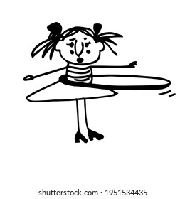 The girl turns the hula hoop. Hand-drawn cute character. A simple doodle illustration. Vector