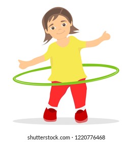 The girl turns the hula hoop. The little girl is charging and turns the hula hoop. Flat design, vector.